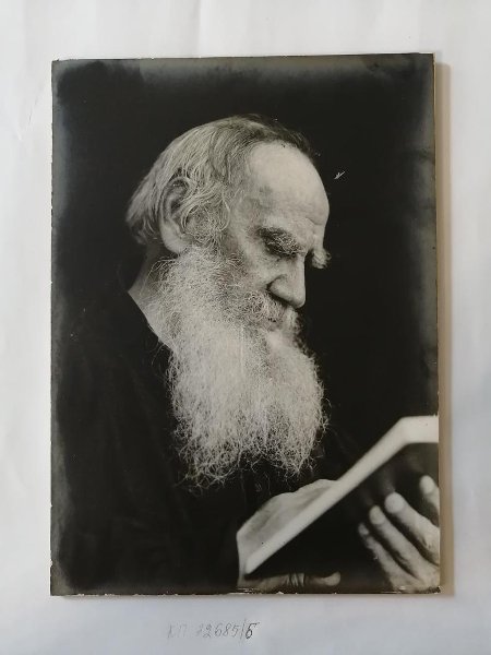 Л.Н. Толстой сидит с раскрытой книгой в руках