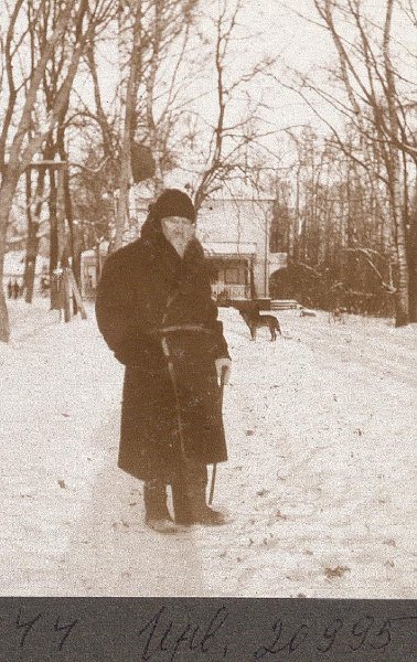 Л.Н. Толстой на заснеженной дорожке около дома 