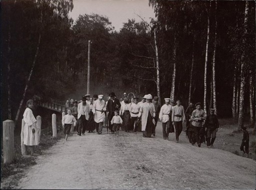 Л.Н. Толстой в белой блузе и картузе, с палкой в правой руке, идет по дороге из больницы